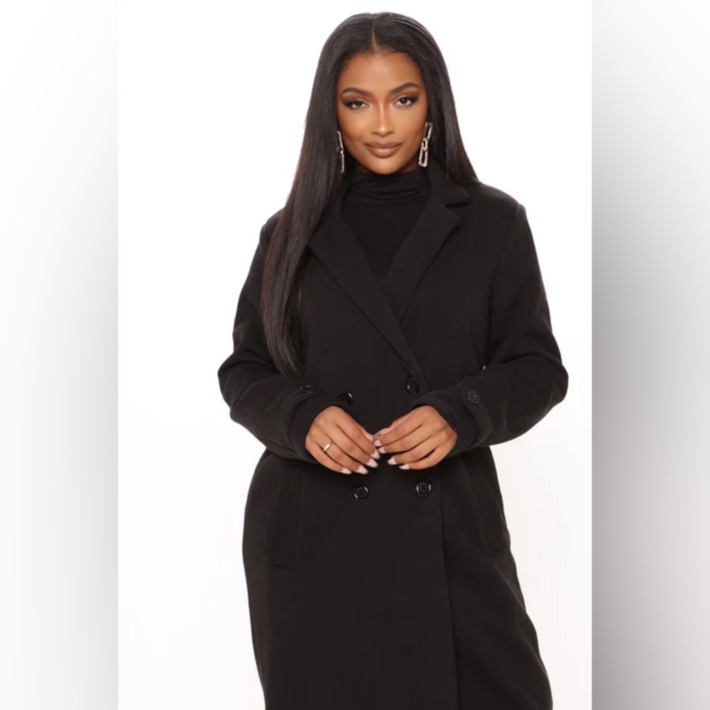 Fashion Nova All Business Baby Coat | Black Longline Double-Breasted | M